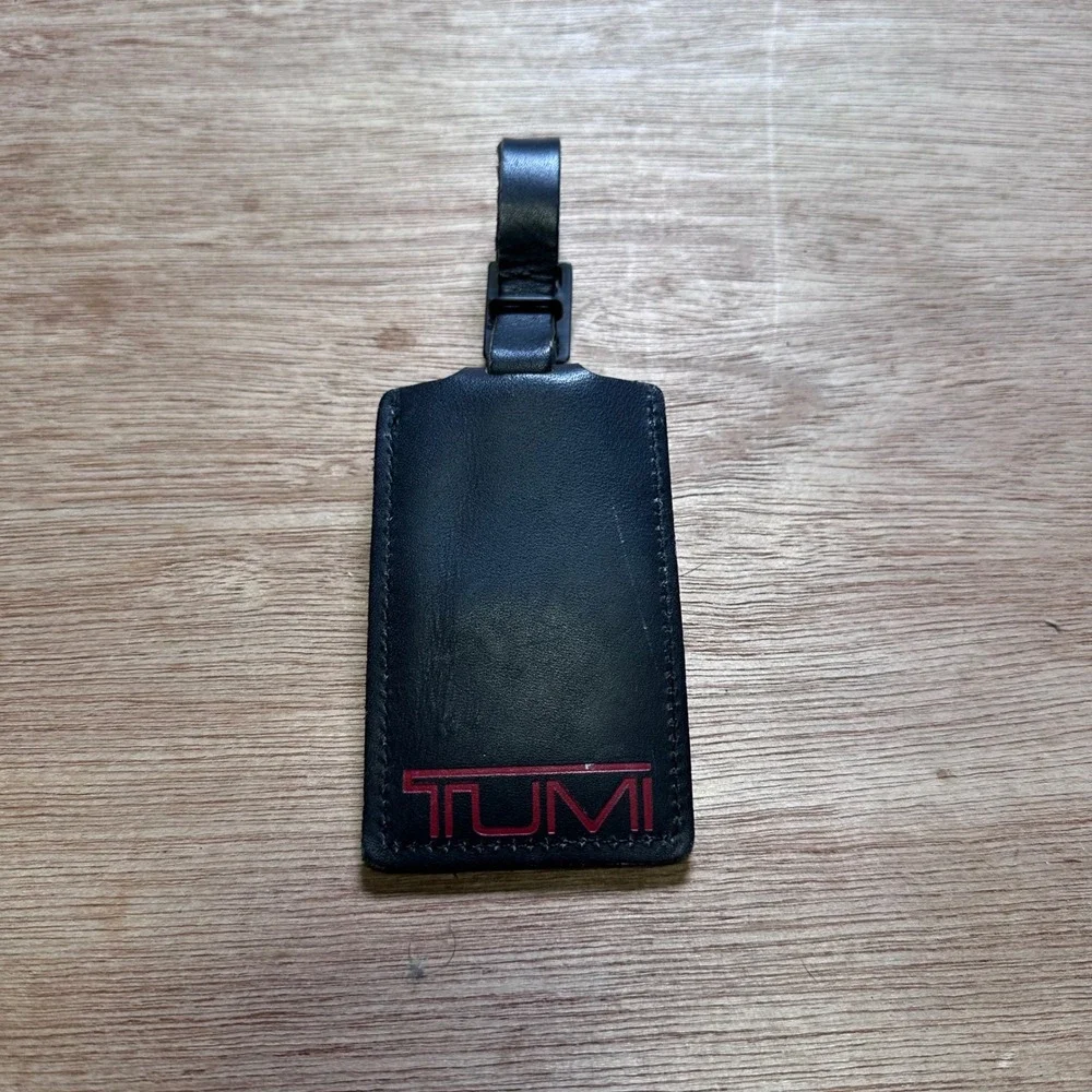 Tumi Black Leather Luggage Tag Red Debossed Logo Adjustable Buckle Strap